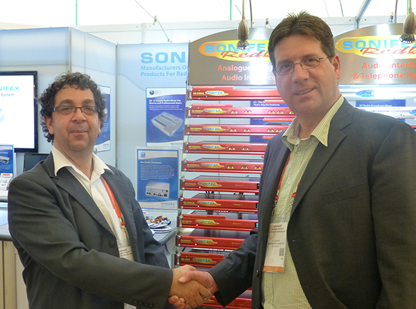 Guy Gampell, Sales Manager - Asia Pacific,  Sonifex ltd, (left), with Marcus Bekker, Managing Director of Southern Broadcast Ltd. 